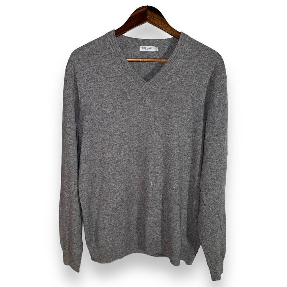 Tom James Gray V-Neck 100% Cashmere Sweater Size L